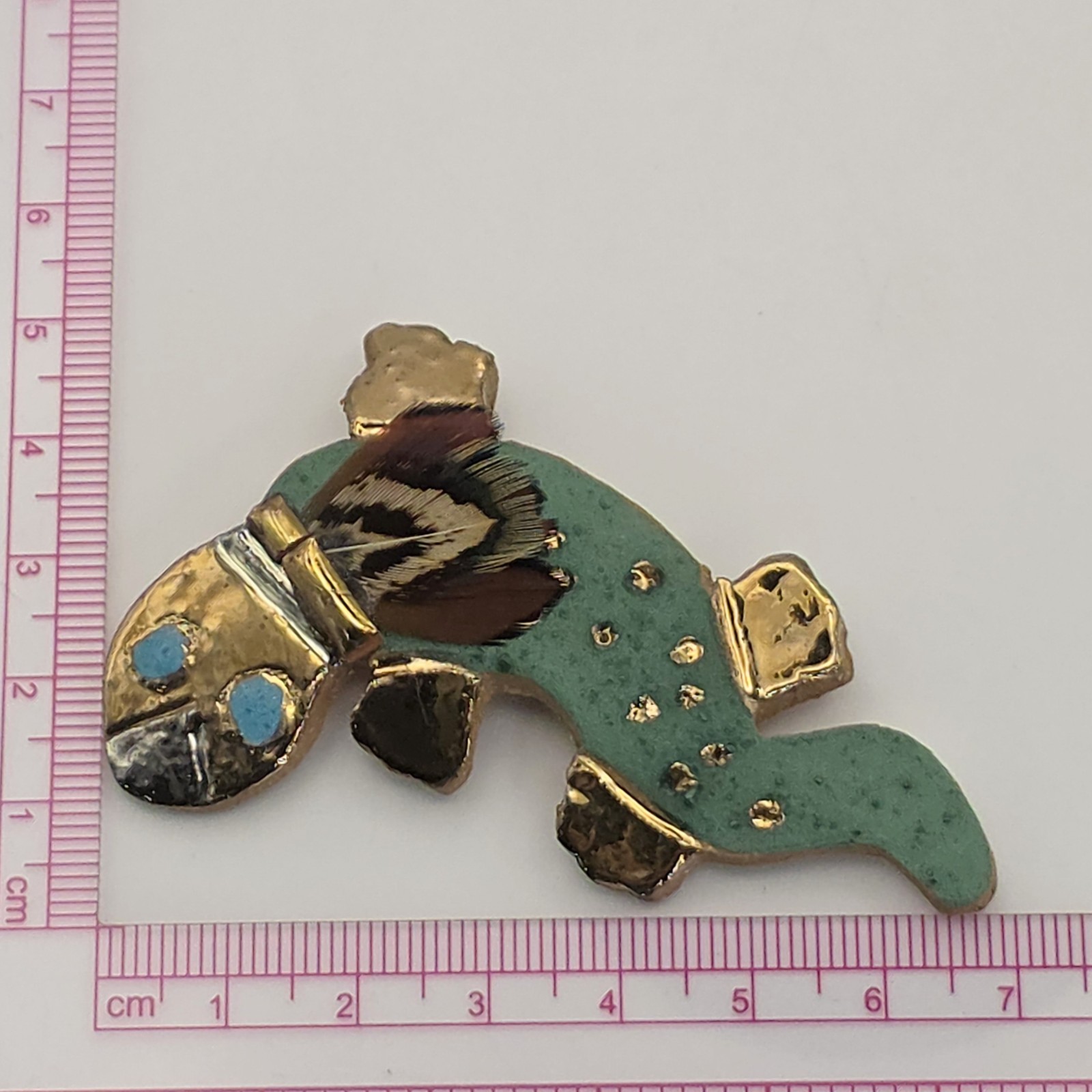 Leah’s Legends Brooch Lizard Feather Handmade Clay Green Aztec Gold Large
