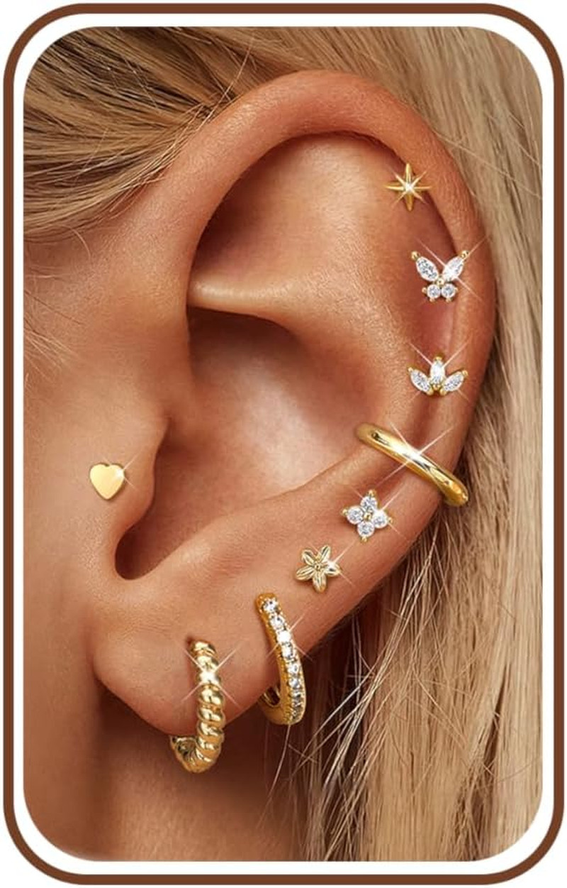 14K Gold Plated Surgical Steel Earrings 9 Pairs Flat Back Earrings Small Cartila