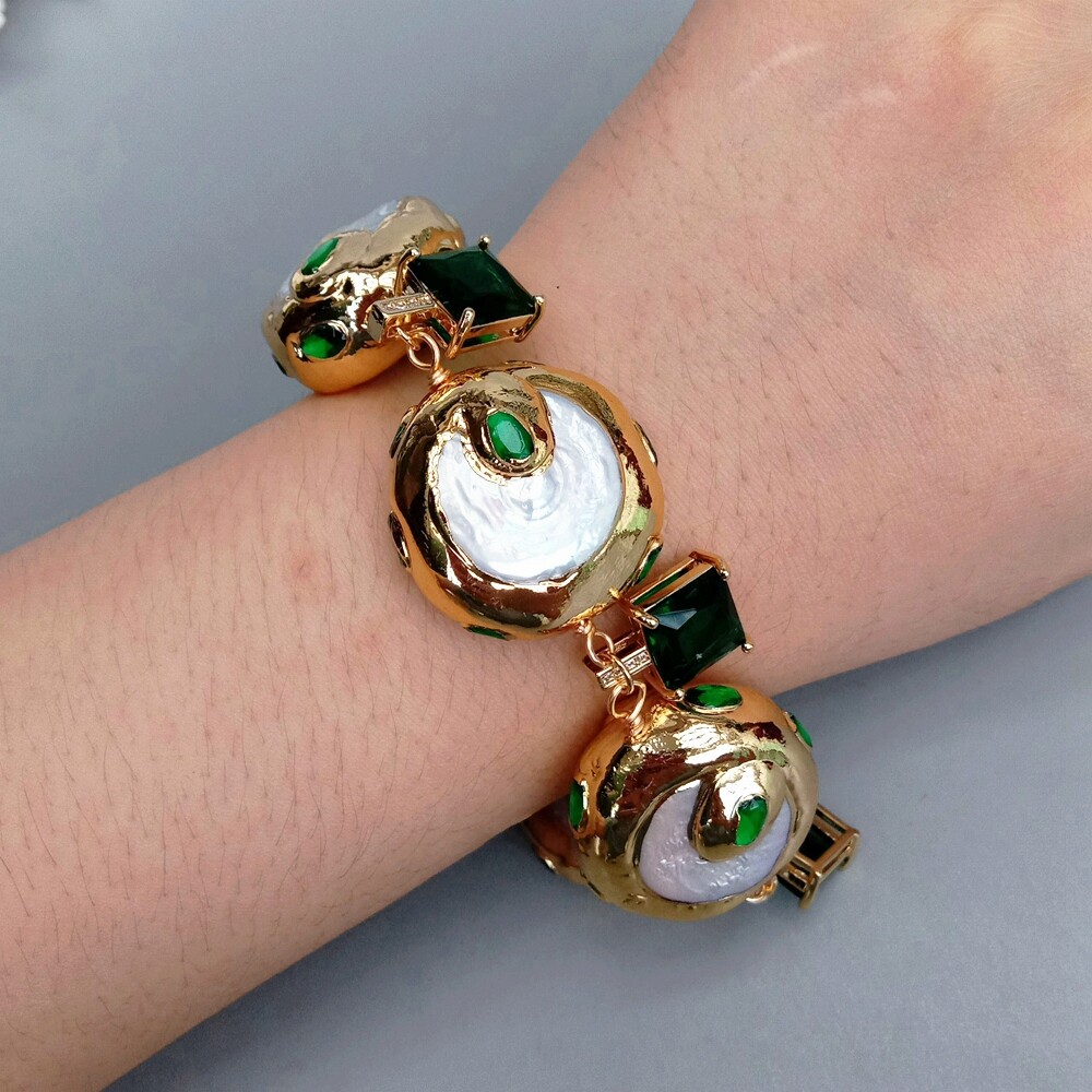 White Cultured Keshi Coin Pearl Green Cz Square Charm Bracelet Fashion Jewelry