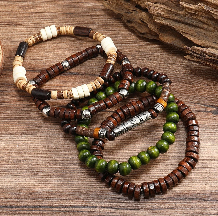 1Set Men’s Retro Multi-Layer Wooden Bead Bracelet Set with Coconut Shell – NEW