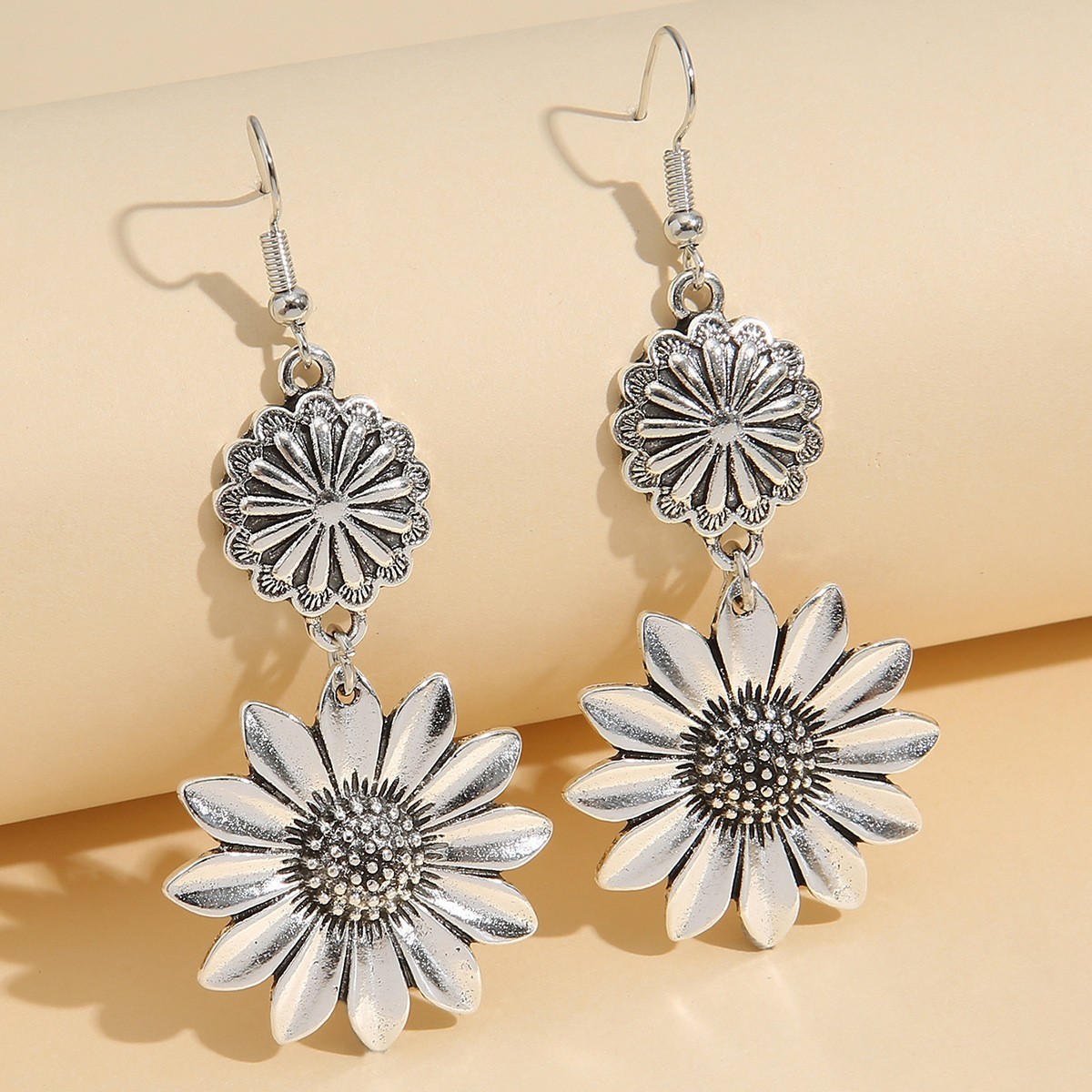 Vintage Silver Tone Sunflower Dangle Earrings Floral Drop Boho Women Jewellery