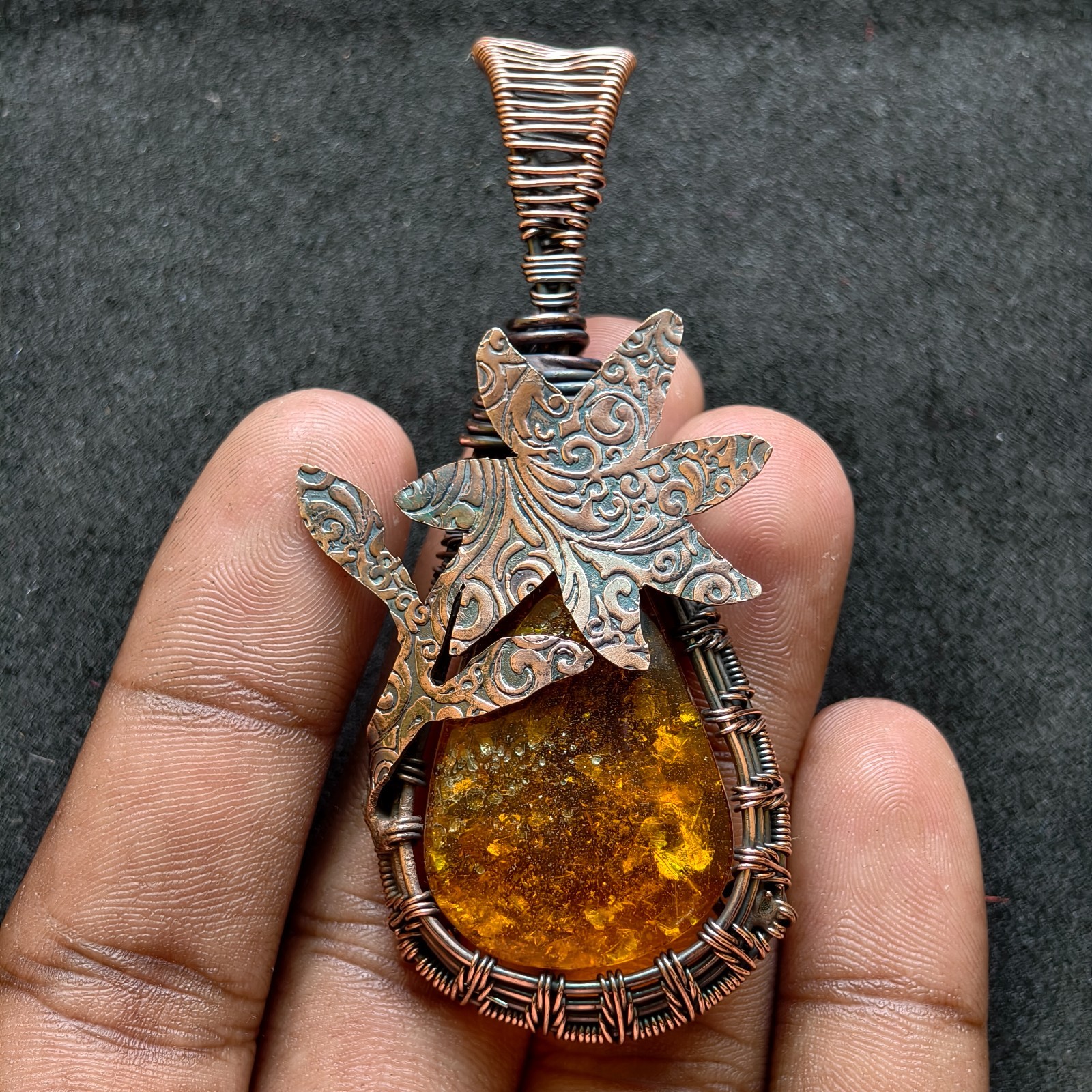 Baltic Amber Copper Wire Wrapped Pendant, Oxidized Handmade Necklace