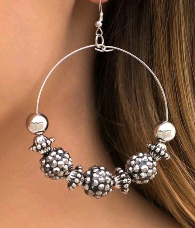 Silver Tone Large Beaded Ball Round Hoop Dangle Earrings Hook Closure No Stone