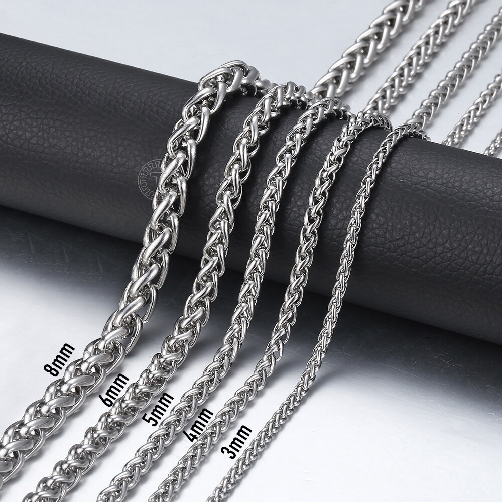 USA 4mm 28in Braided Wheat Chain Silver 316L Stainless Steel Men Women Necklace