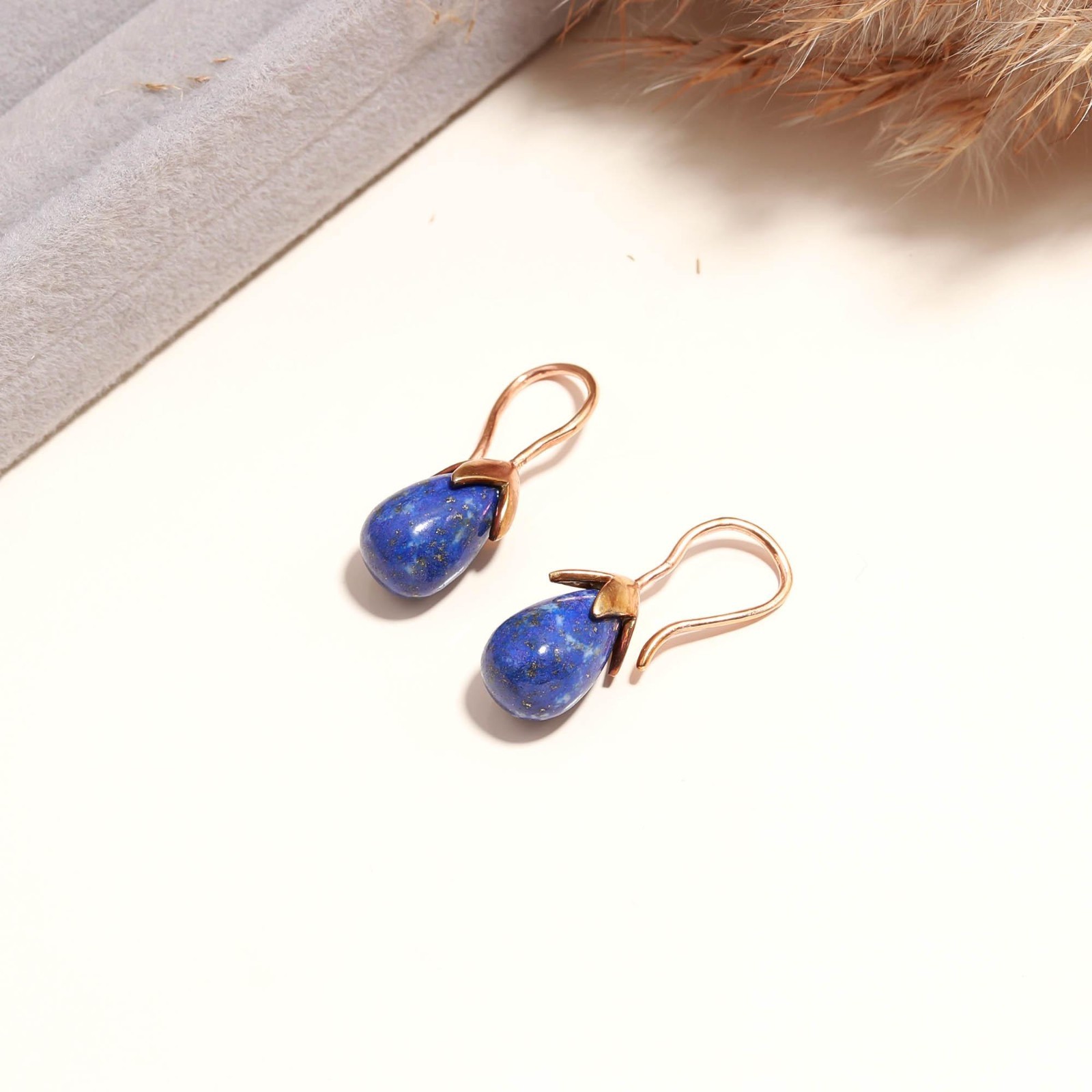 Natural Lapis Lazuli Teardrop Dangle Earring Rose Gold Fill Solid Silver Jewelry