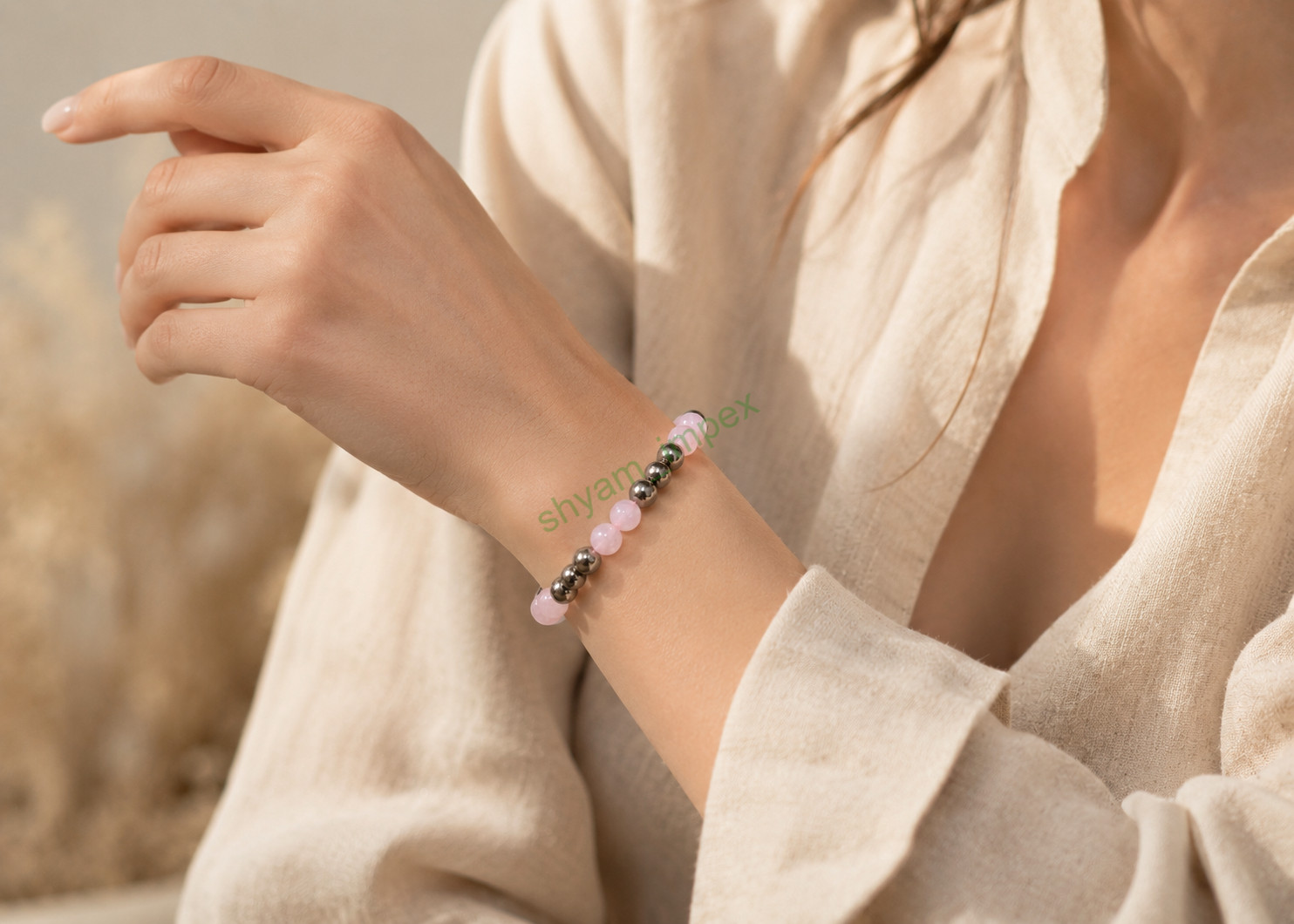 Rose Quartz & Hematite Beaded Stretch Bracelet Healing Crystal Energy Jewelry