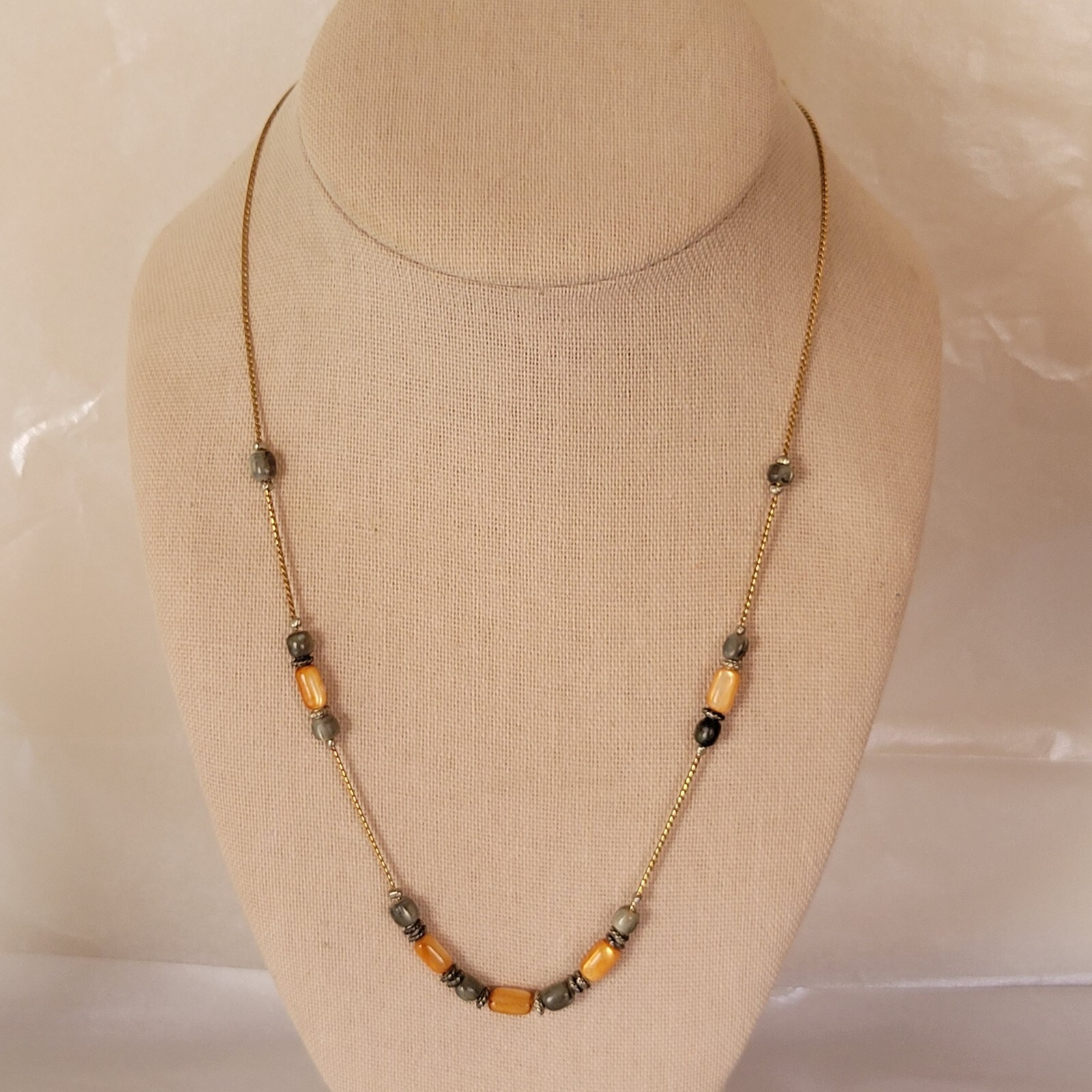 Liz Claiborne Amber Beaded Gold Tone Necklace 19 In. Adj. Signed