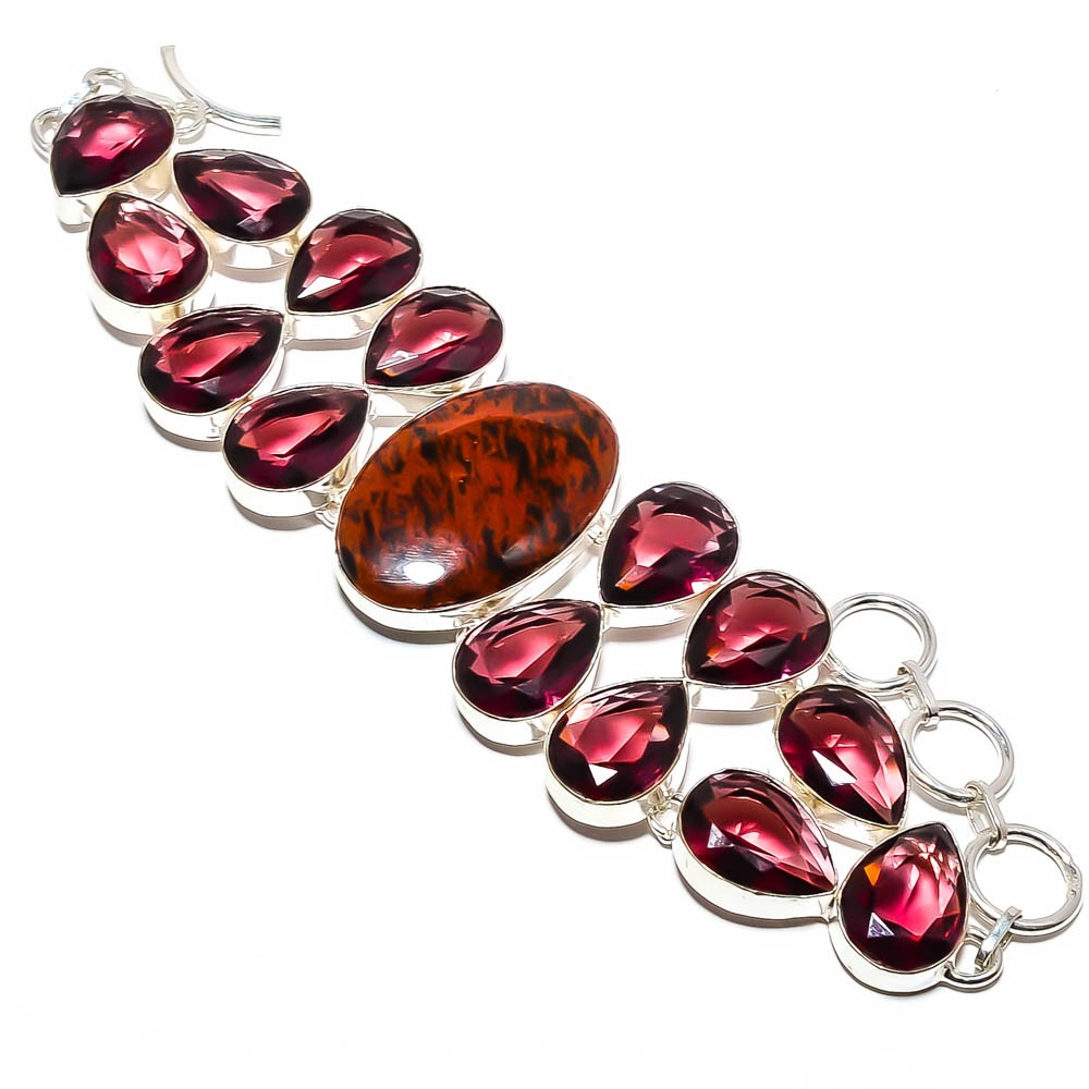 Natural Mahogany Obsidian & Pink Amethyst 925 Sterling Silver Bracelet 7.99″ S90