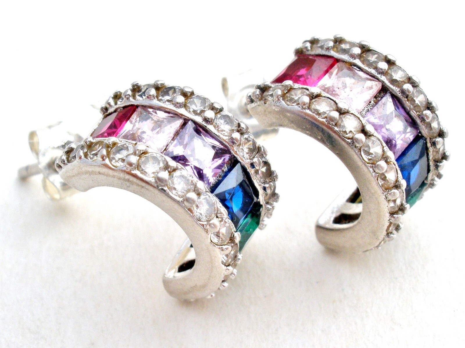 Multi Color Cubic Zirconia Hoop Earrings Sterling Silver Half Hoops Post 925 BSI