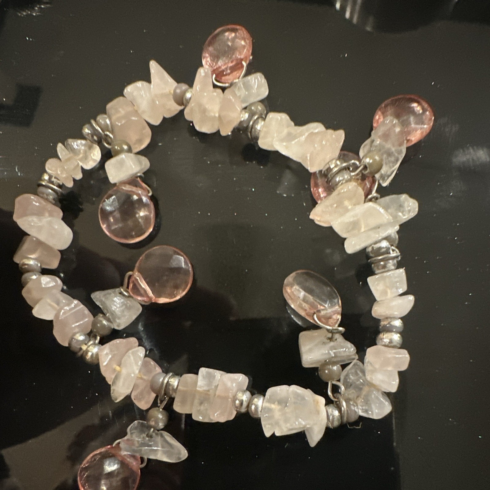 Pink Quartz Chip Beaded Bracelet Silver-Tone Dangle Crystals Charms Stretch Y2K
