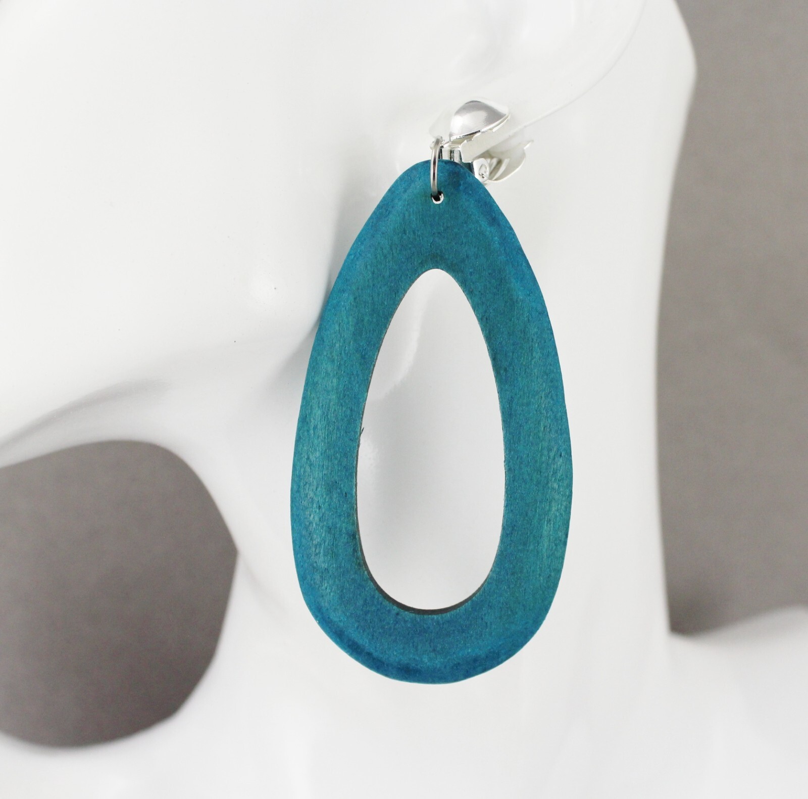Teal Green Big Clip On wood earrings oval teardrop pendant clips 3.5″ long