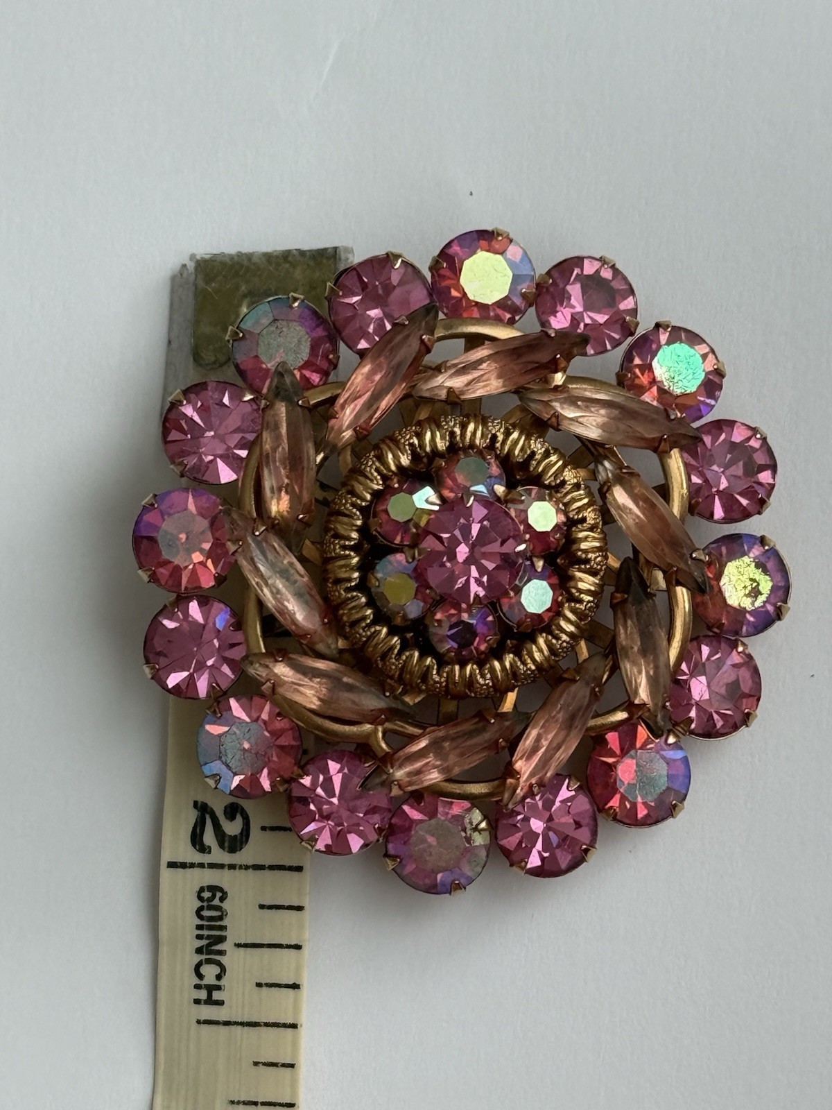 Vintage Pink Aurora Borealis Starburst Rhinestone Flower Brooch Pin Gold-Tone