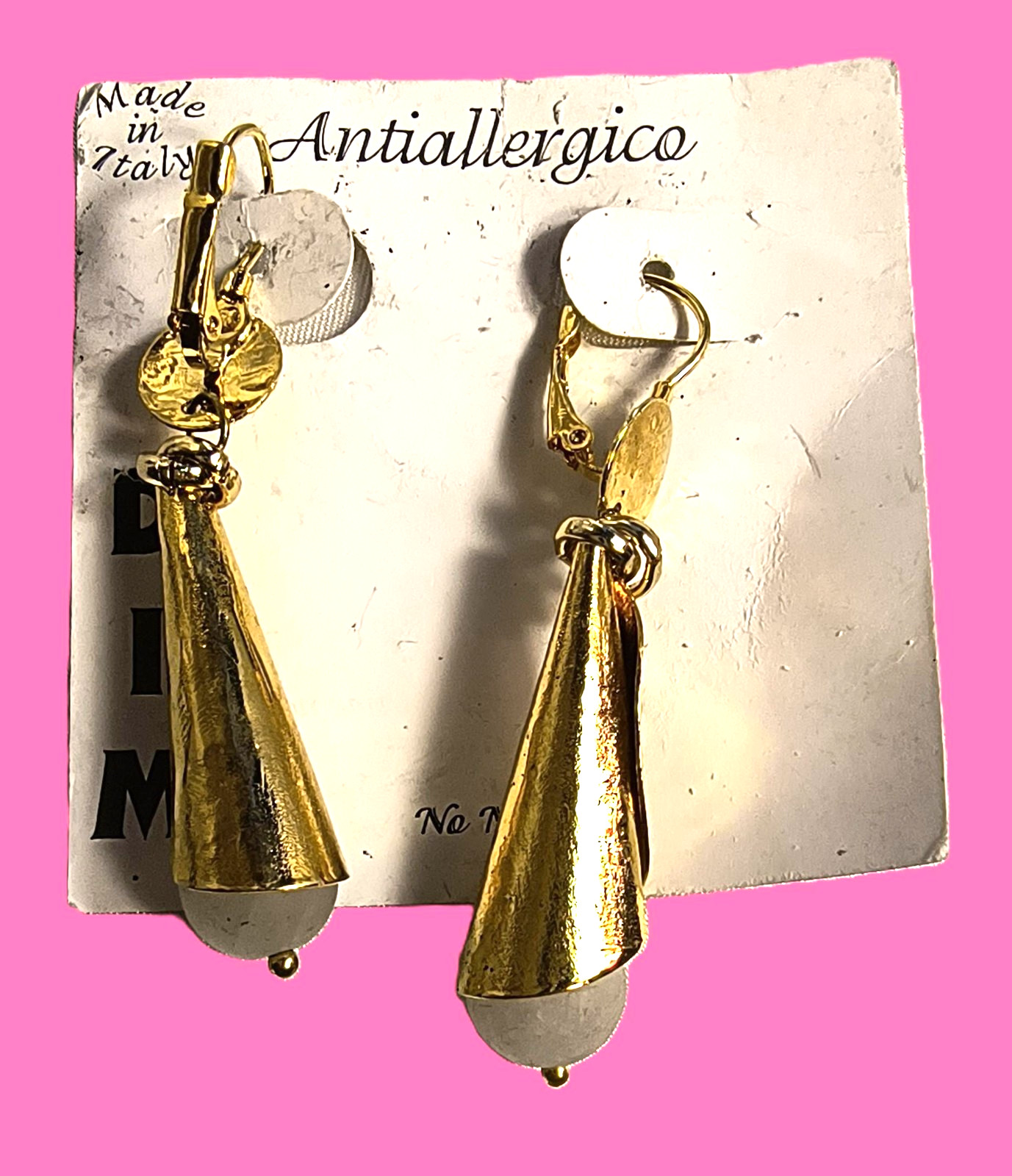 D I M New Hypoallergenic Goldtone Conical Dangle/Drop Earrings Made in Italy