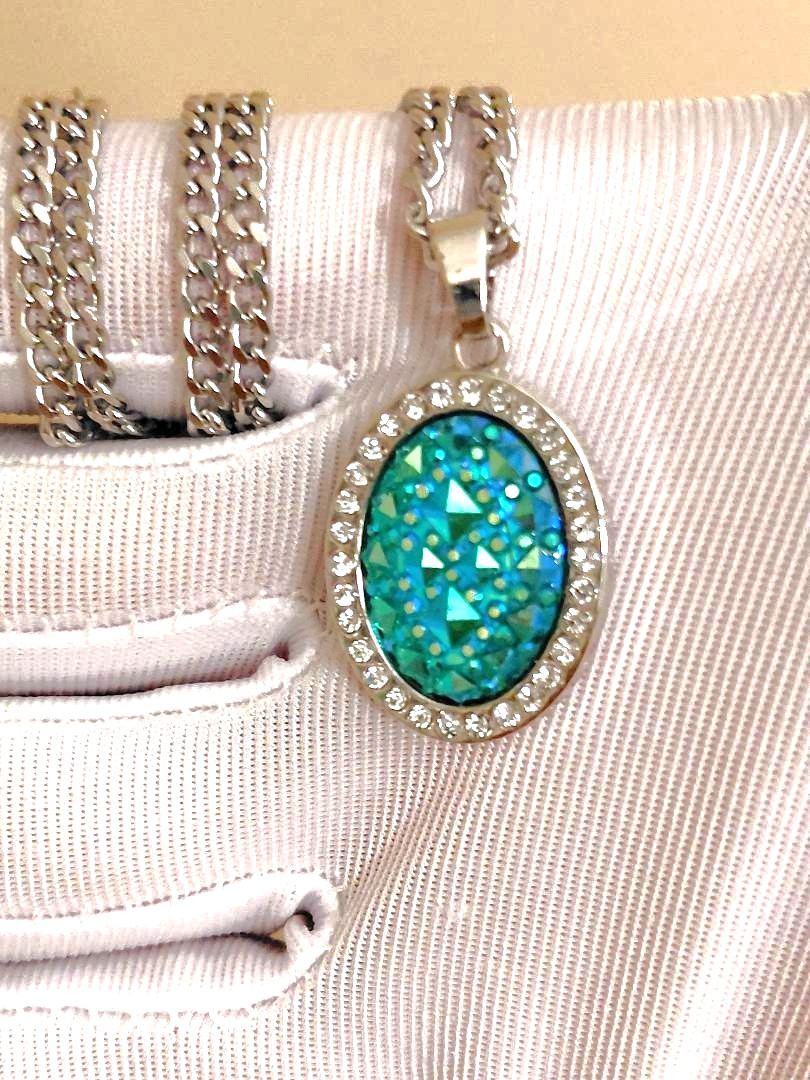 Turquoise Resin Druzy Pendant in Stainless-Steel 13x18mm With Rhinestone Halo