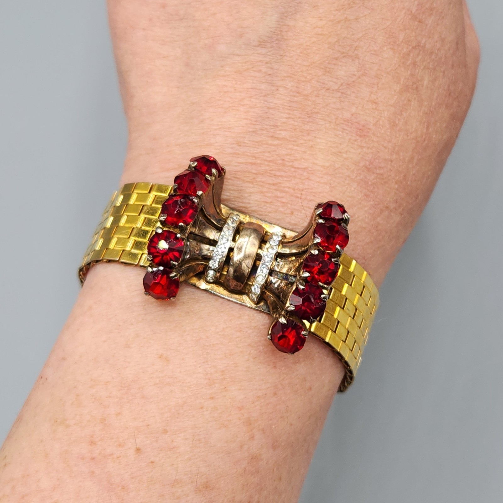 Unsigned Reinad Retro 12K GF Red Paste Crystal Brick Link Cuff Bracelet 6.5″