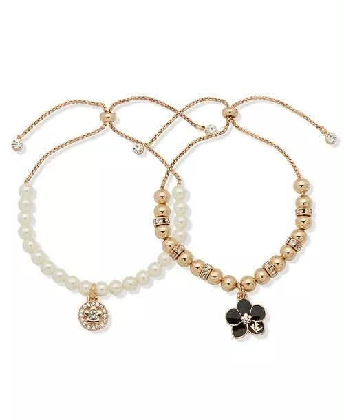 KARL LAGERFELD PARIS 2-Pc. Set Orchid Charm Beaded Stretch Bracelets – NIB