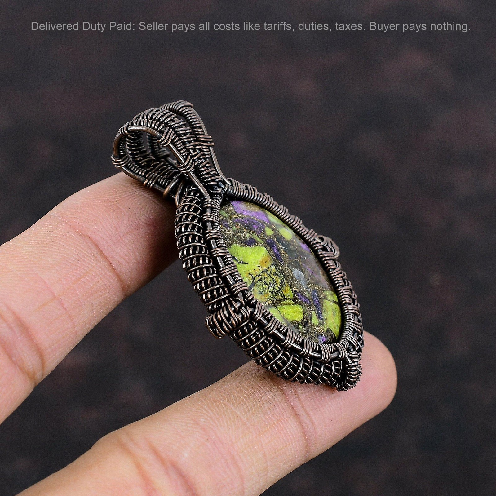 Copper Oval Copper Stichtite Stone Anniversary Wire Wrapped Artisan Wife Pendant