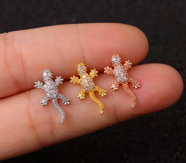 Lizard Zirconia 18K Gold Silver Cartilage Helix Lobe Tragus Conch 20G Earrings