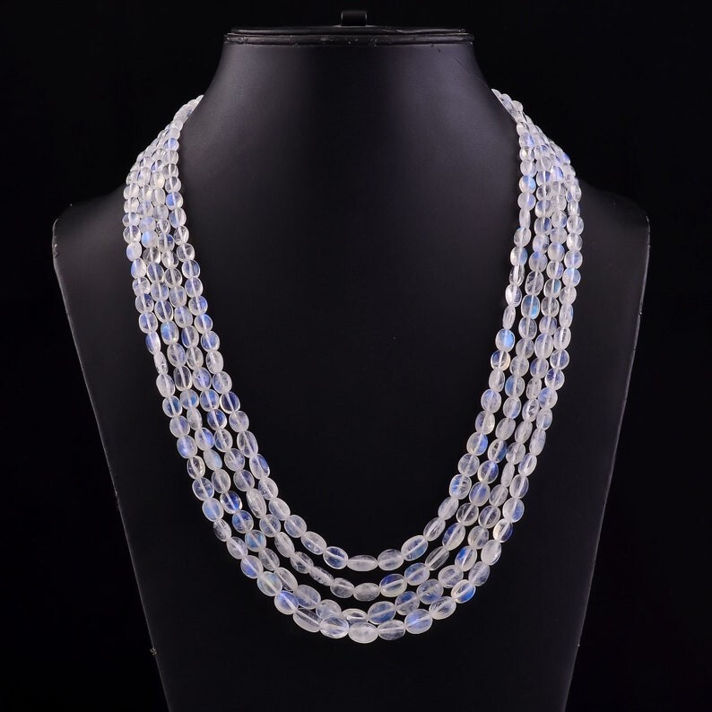 A++ 4 Layer Flashy Rainbow Moonstone Smooth Oval Gemstone Beaded Necklaces 19”