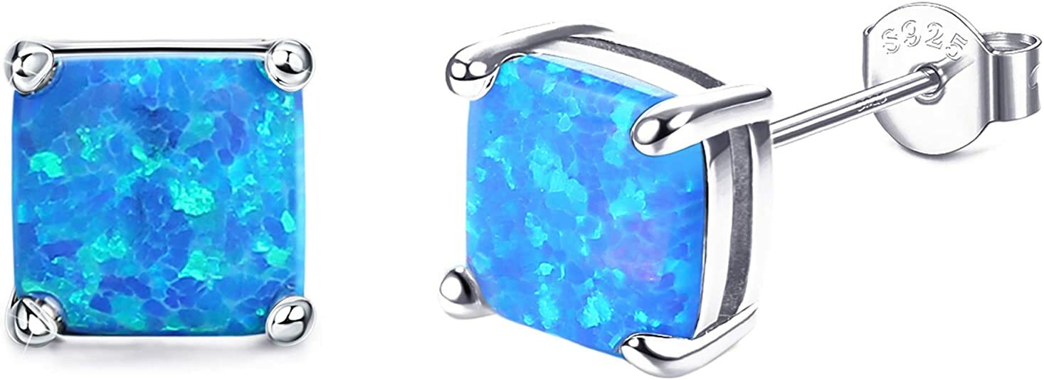 925 Sterling Silver 6mm Princess Cut Square Blue Fire Opal Stud Earrings