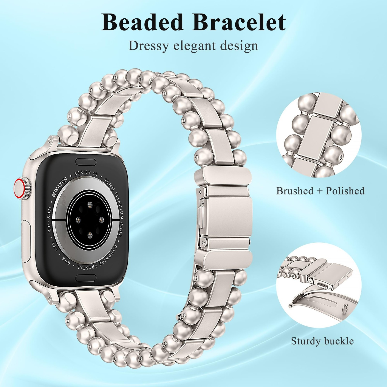 Compatible with Apple Watch 38mm Beaded Bracelet Starlight Stainless Steel Bands