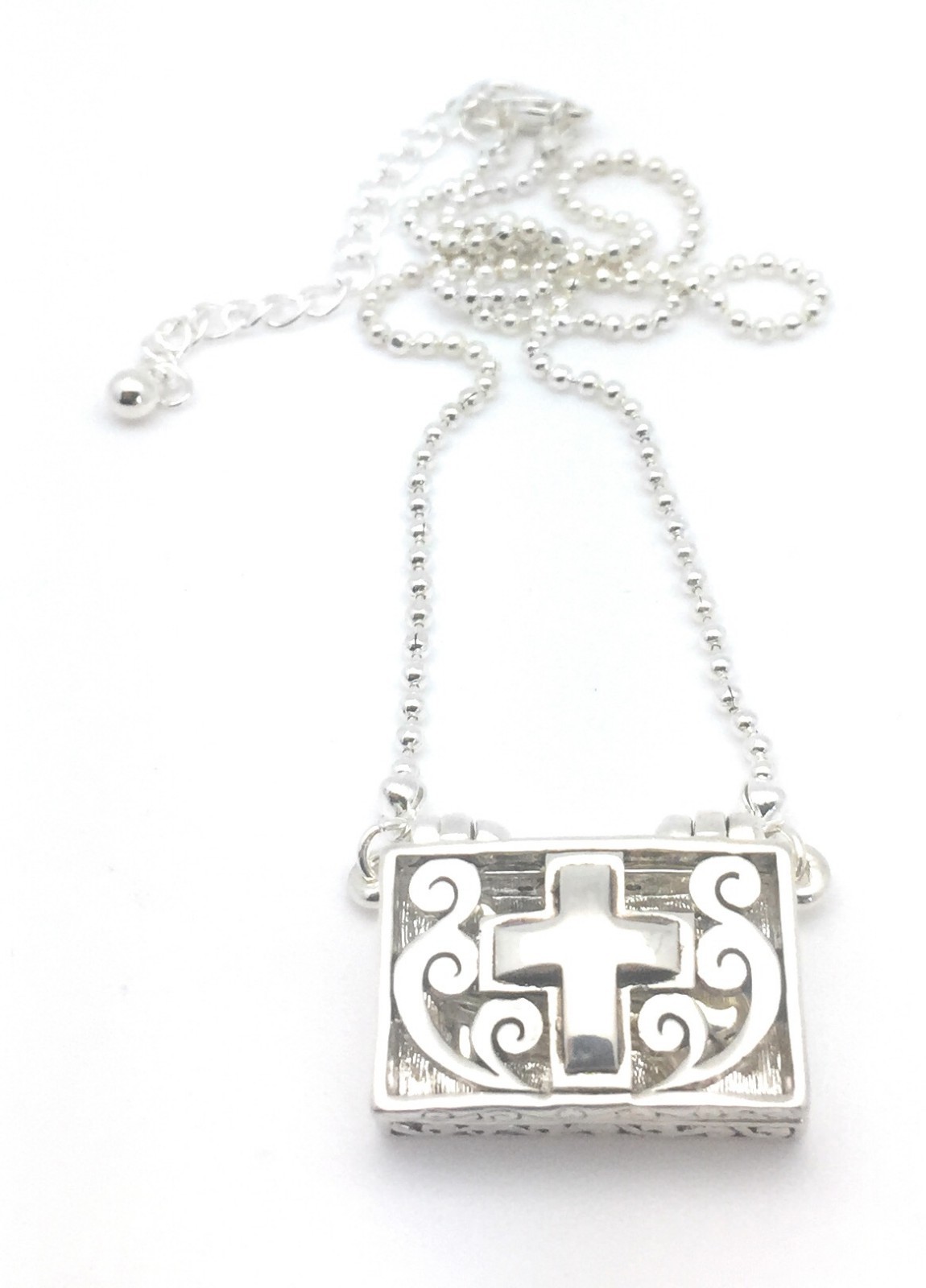 Cross Prayer Box Necklace Adjustable Ball Chain Silver Plated Praying Hands Gift