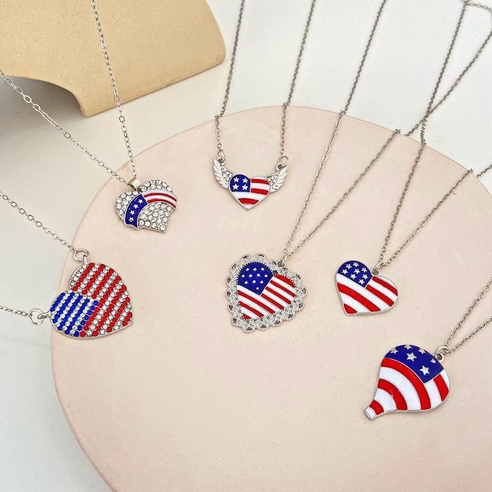 4th of July Rhinestone USA Flag Necklace Patriotic Red White Heart necklace