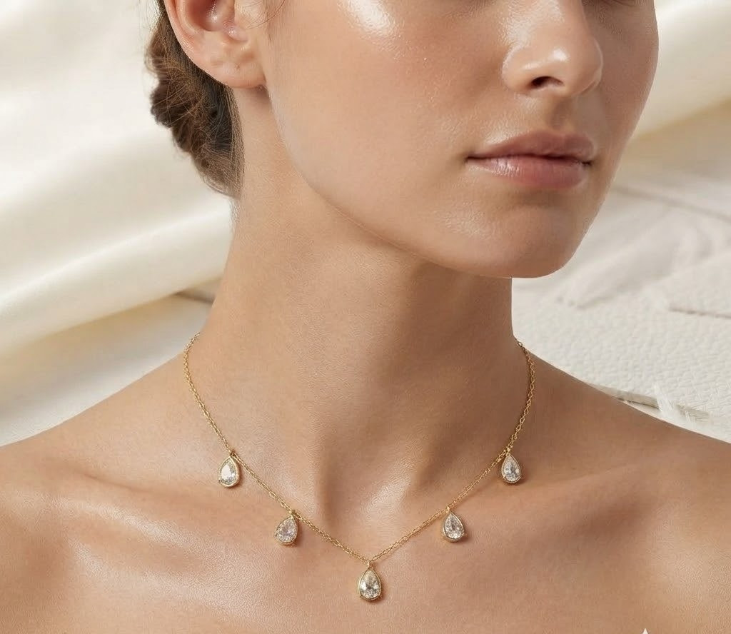 Gold Tone Pear Cut Moissanite Chain Necklace For Women In 925 Sterling Silver