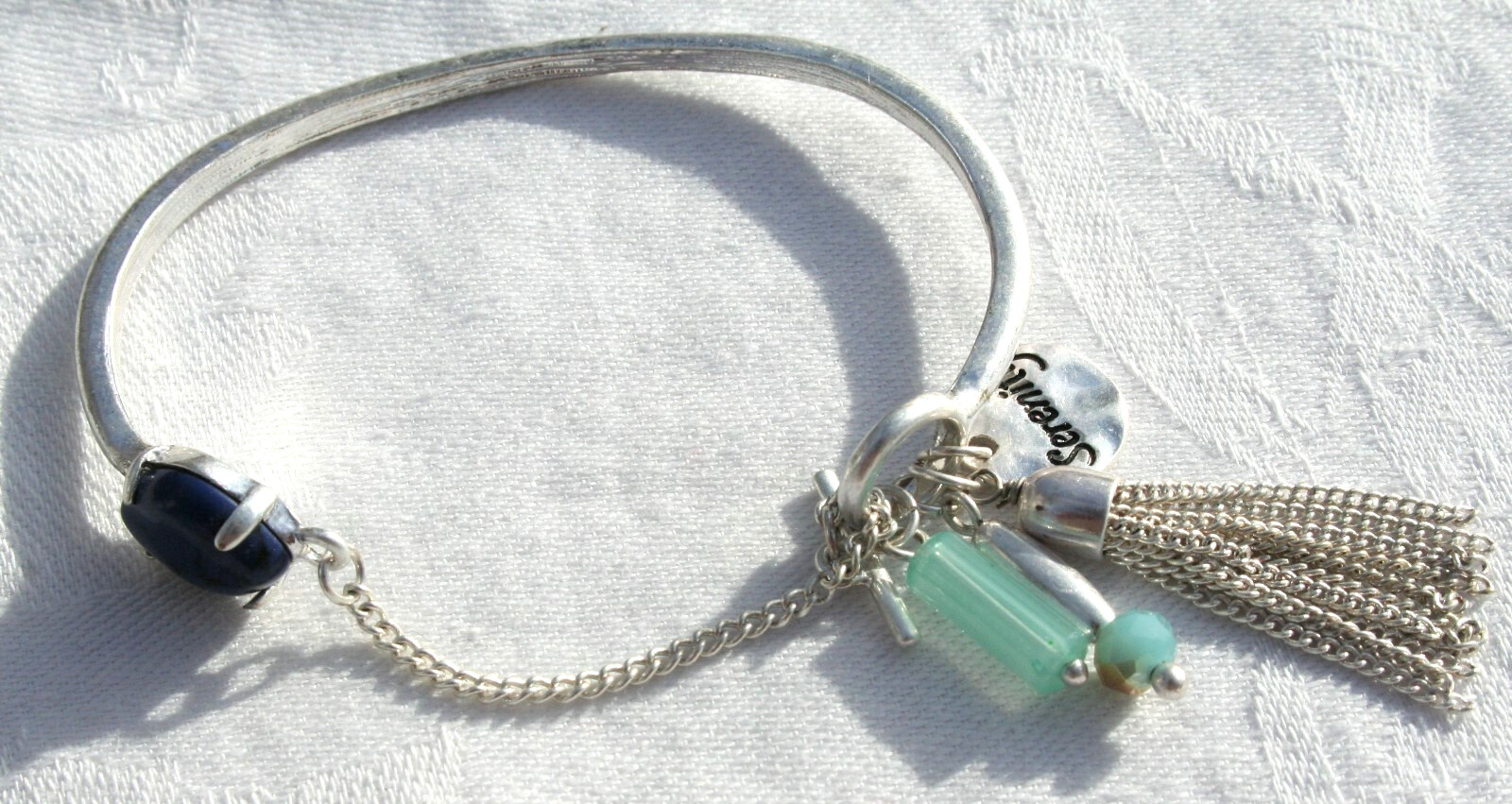 Charm Bracelet Black Cabachon Silver Tone Blue Crystal Dangle Toggle 7.5″