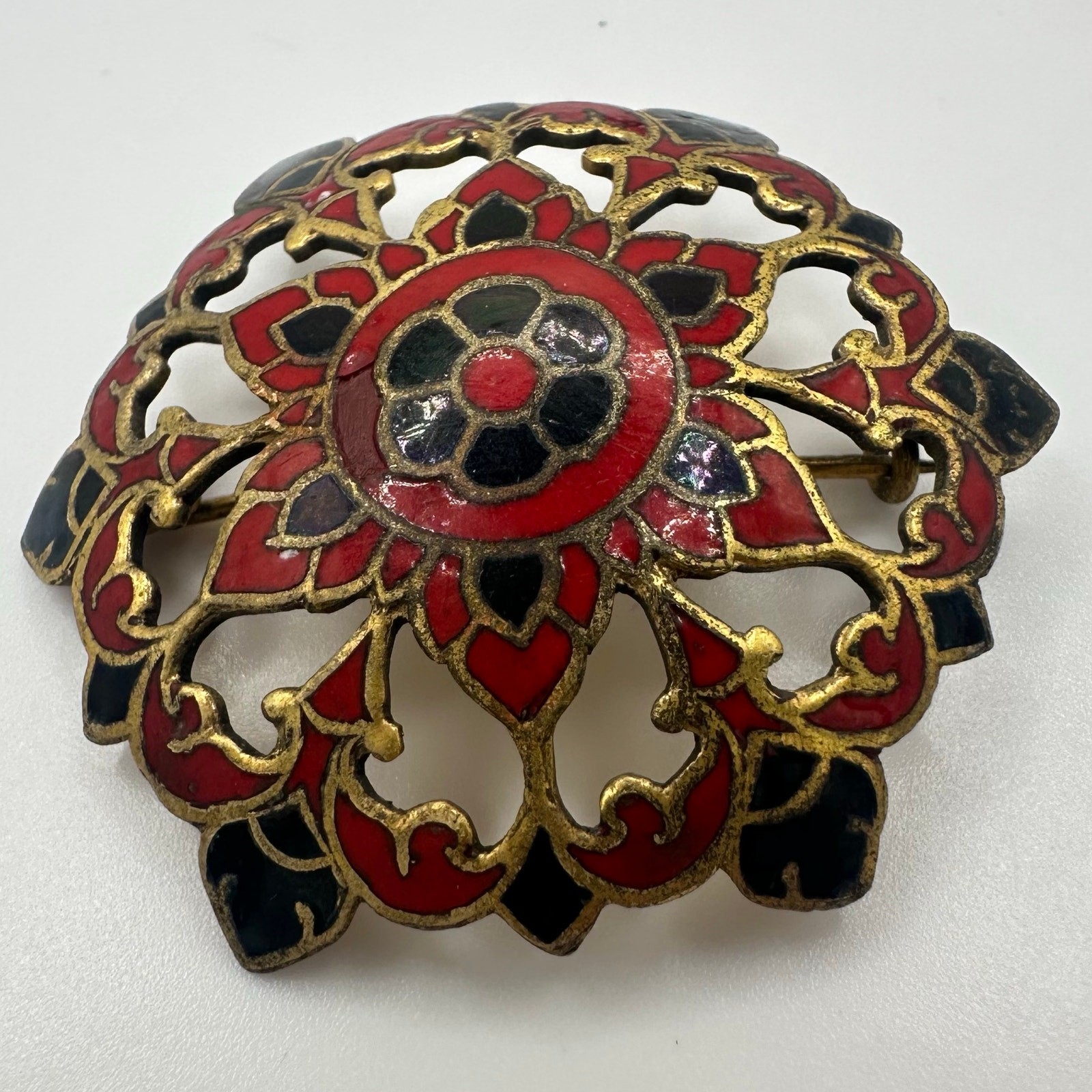Antique 1890s Victorian French red black champlevé enamel openwork brass brooch