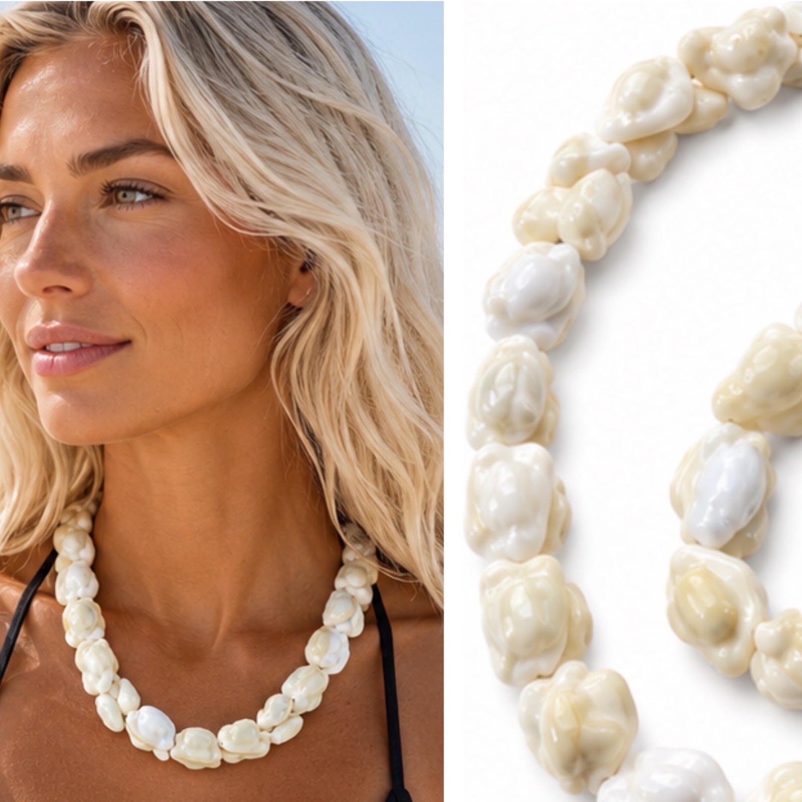 Hawaiian Momi Shell Lei Necklace White Cream Tropical Coastal Statement Jewelry