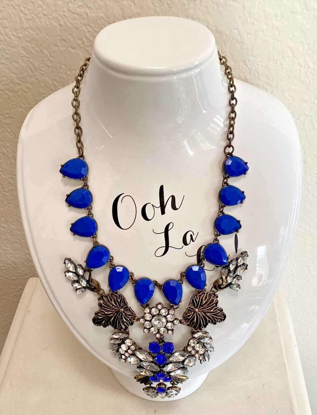 Spring Street Blue and Clear Rhinestone and Antiqued Brass Statement Necklace