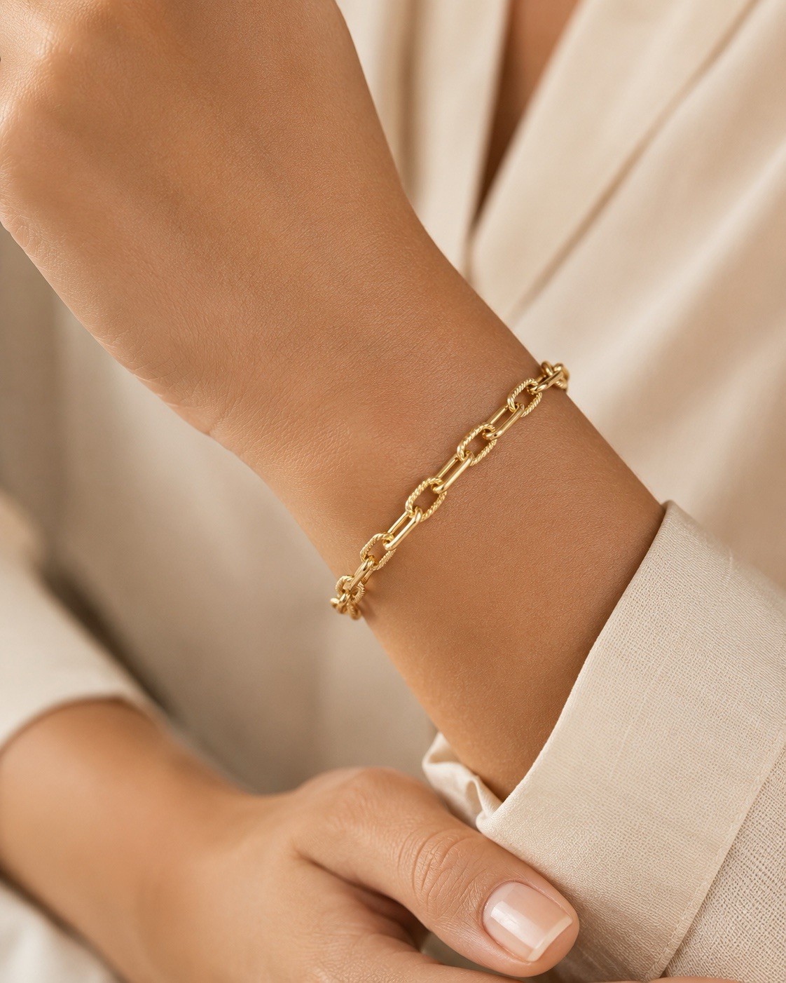 14K Gold Plated Mixed Link Toggle Clasp Bracelet Textured Statement Jewelry