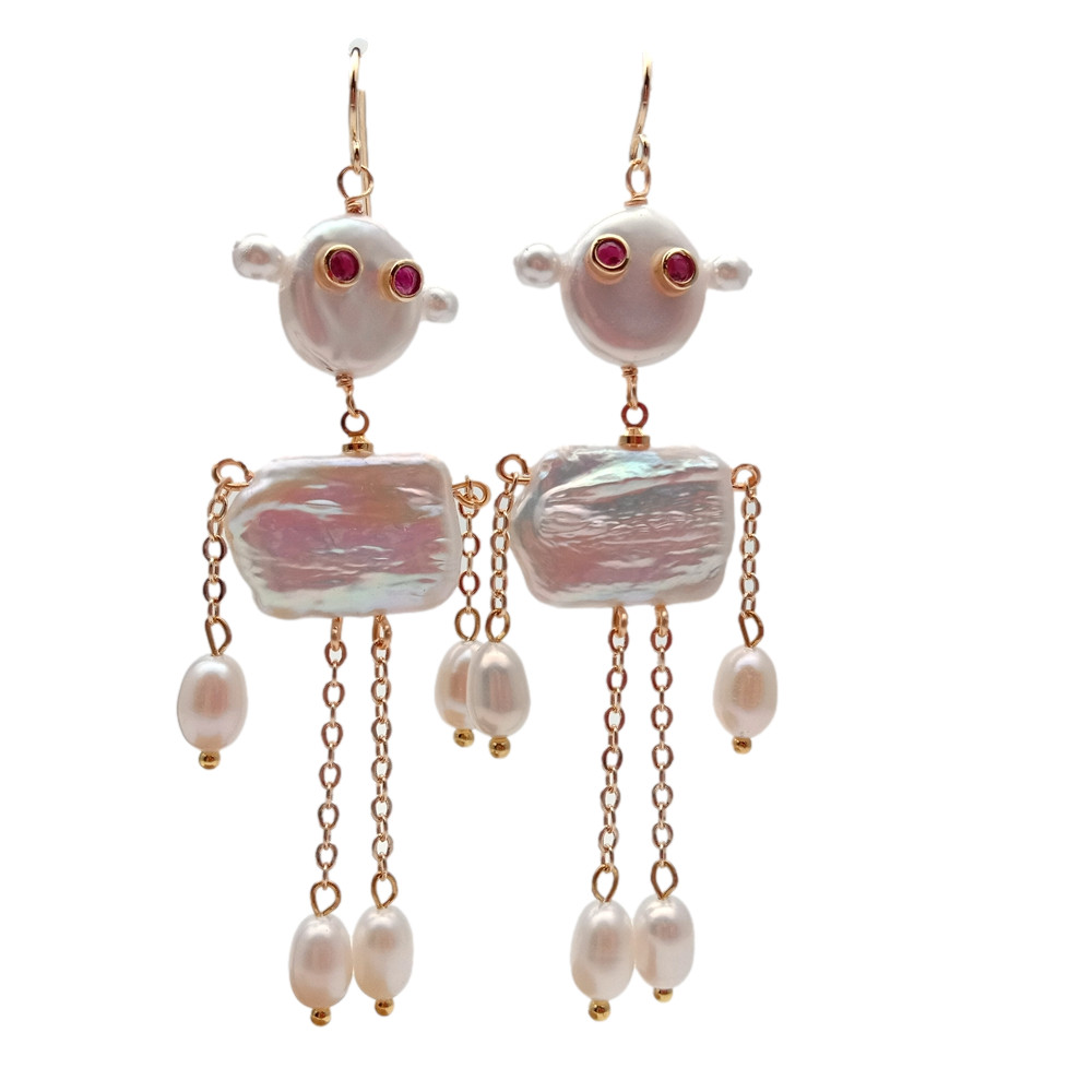 3.1″ Cultured White Pearl Earrings Robot Shape Dangle Earrings Novelty Jewelry