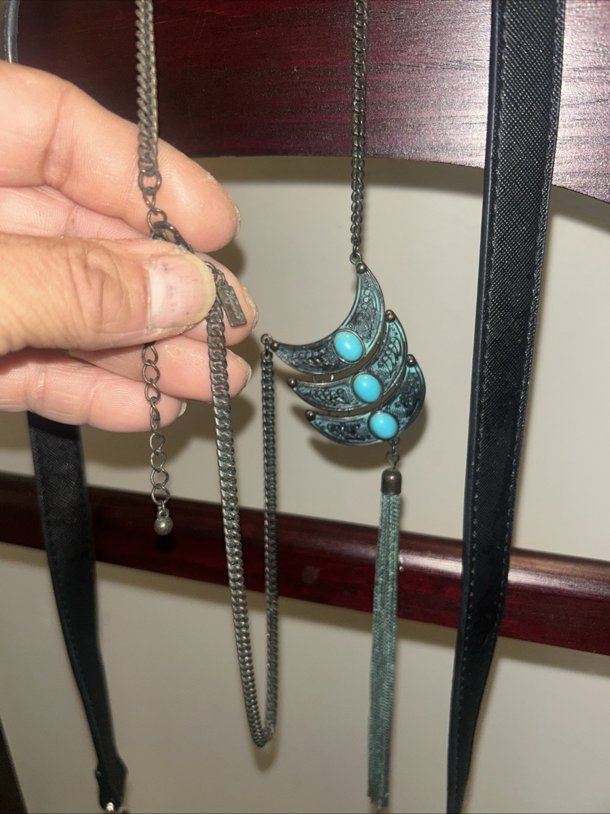 Boho Extra Longe Western Tassle Turquoise Necklace Vintage Cowgirl Stone Jewelry
