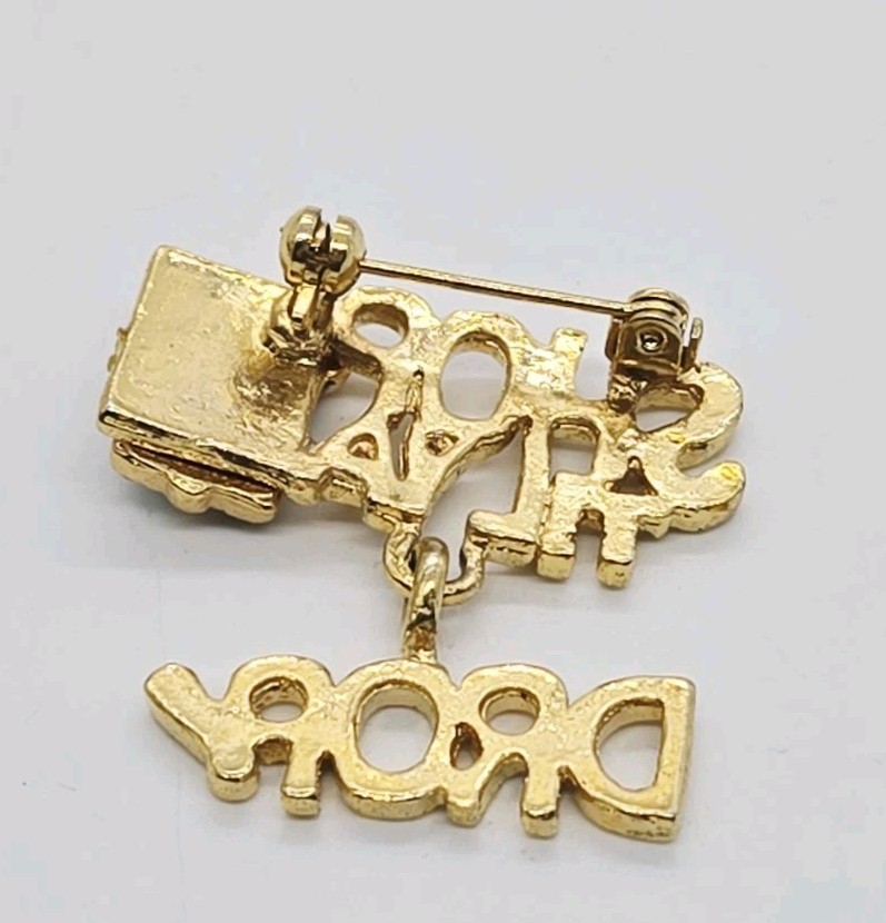 Shop Till you Drop Charm Brooch Gold Tone Enamel Holiday Christmas Pin Jewelry