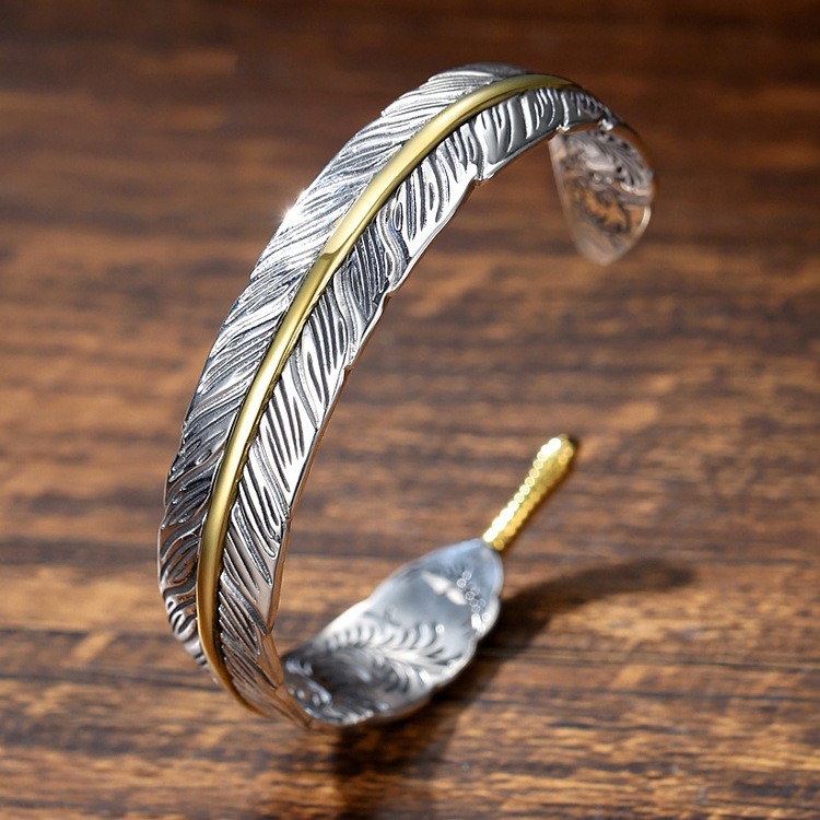 1-2× Men’s Silver Feather Adjustable Bangle Cuff Bracelet Fashion Retro Jewelry