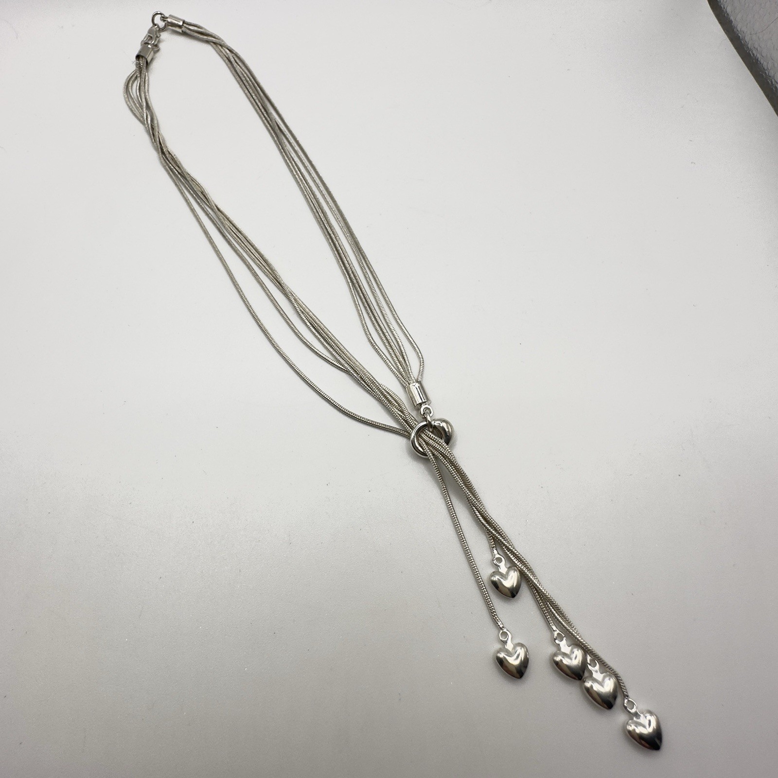Silver Tone Lariat Necklace 5 Strand Snake Chain Heart Y Drop 16” Fashion