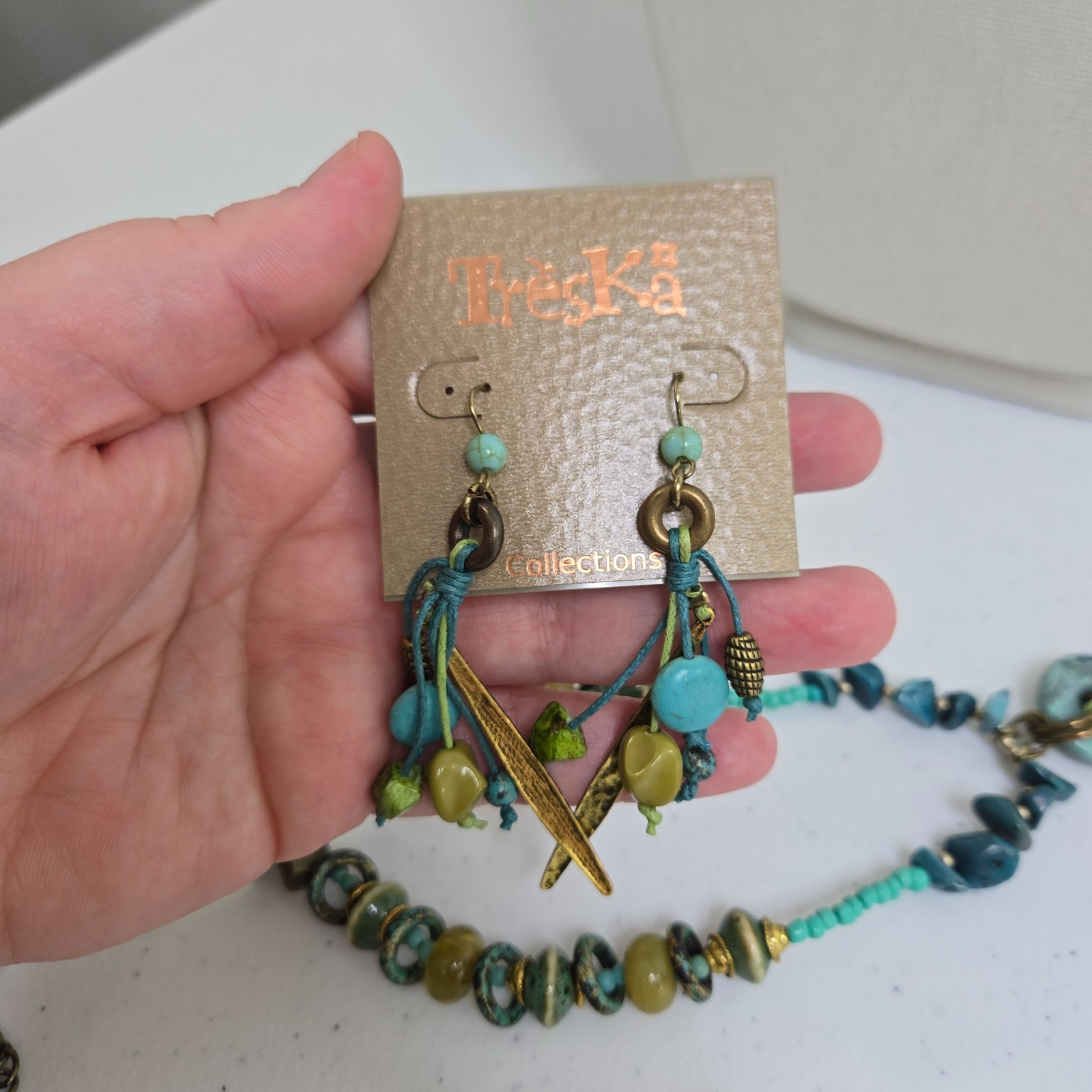 Treska Necklace Earrings Set Bracelet Blue Green Beaded Long Boho Gold Tone