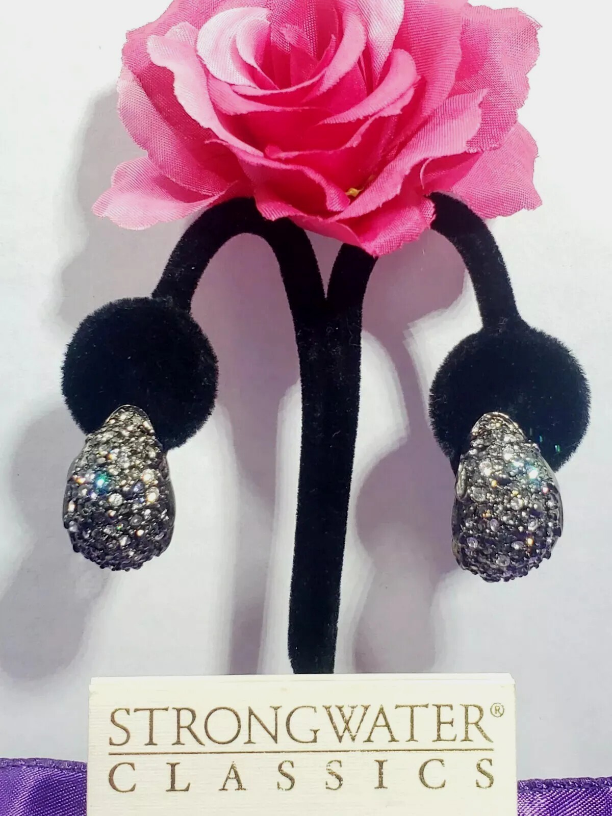 Vintage Jay Strongwater EARRINGS Paved Swarovski Crystals Japanned Gunmetal NOS