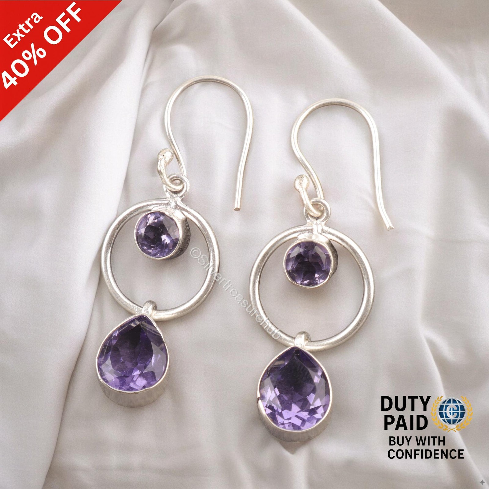 925 Silver Pear Iolite Gemstone Wife Drop Engagement Art Deco Handmade Earrings