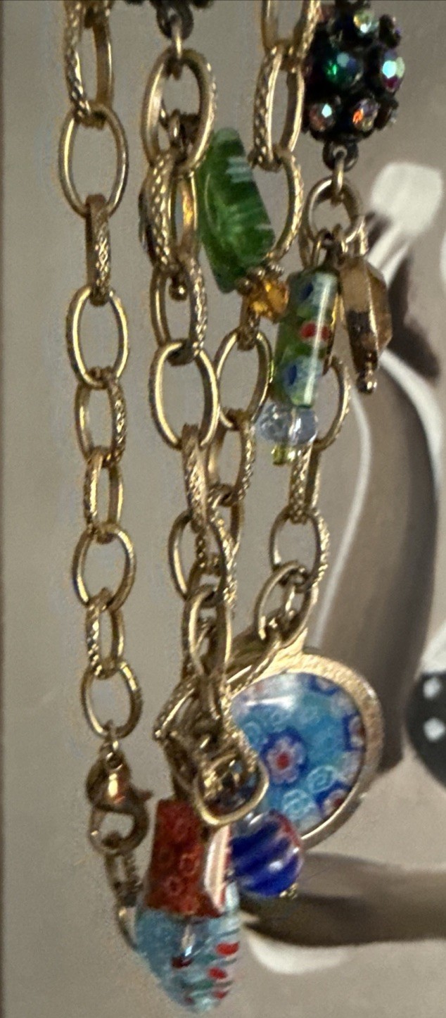 SWEET ROMANCE USA Millefiori Glass Charm Necklace Gold Tone Floral 32”