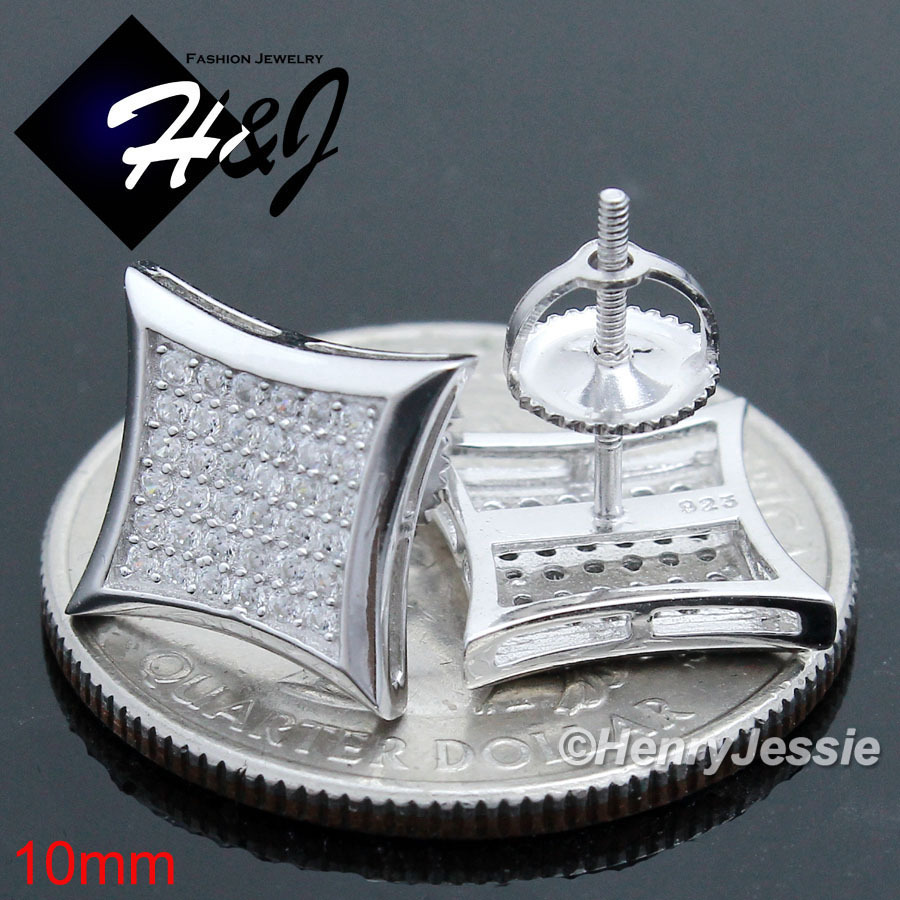 MEN SOLID 925 STERLING SILVER ICY BLING CZ 10/13MM 3D SQUARE STUD EARRING*E98