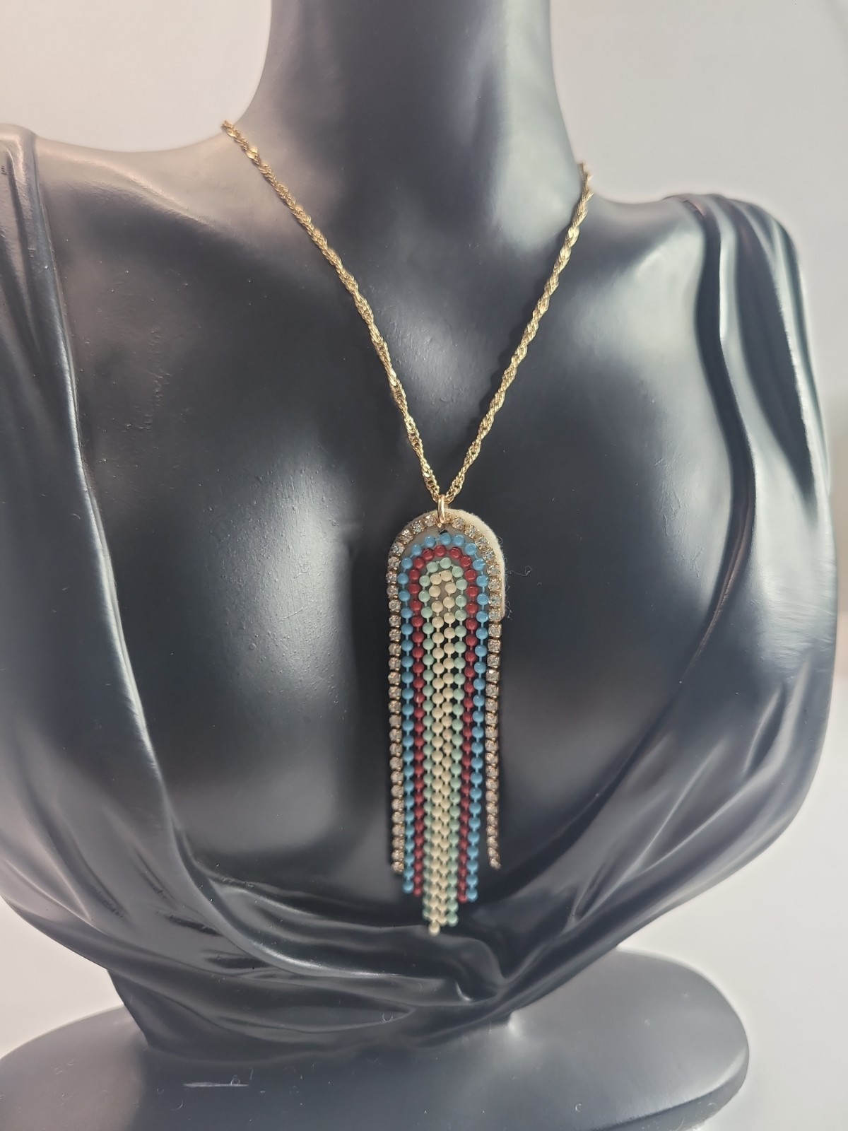 Boho Beaded Tassel Pendant Necklace Rhinestone Fringe Turquoise Red Gold Tone St