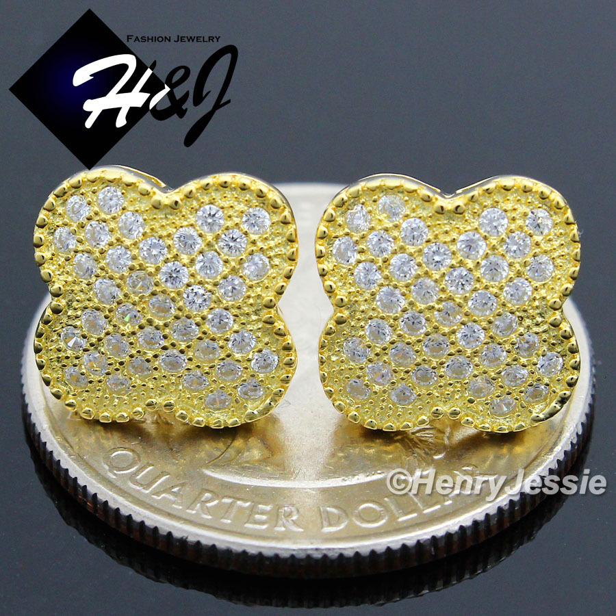 925 STERLING SILVER ICY CUBIC ZIRCONIA 10MM FLOWER GOLD PLATED STUD EARRING*E84