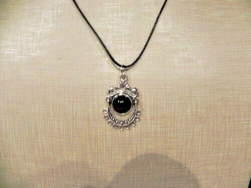 1 1/4 X 3/4″Tibetian Silver Tone Dangle Pendant 17″Black String necklace GOTHIC