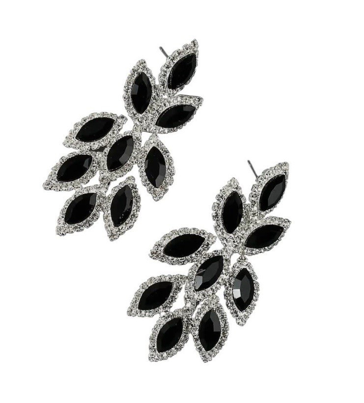 Silver Tone Black Marquise Simulated Crystal Leaf Cluster Dangle Earrings