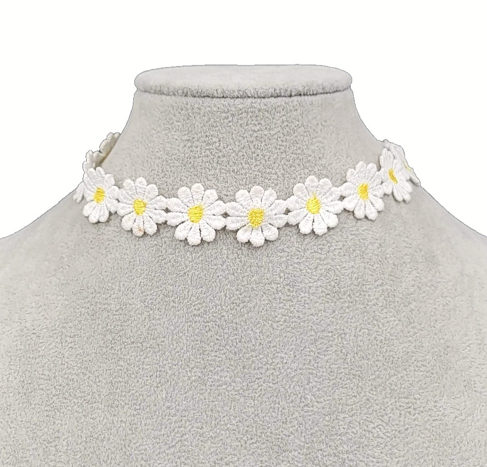 Fabric Daisy Flower Choker Necklace Silver tone 12″-13.5″