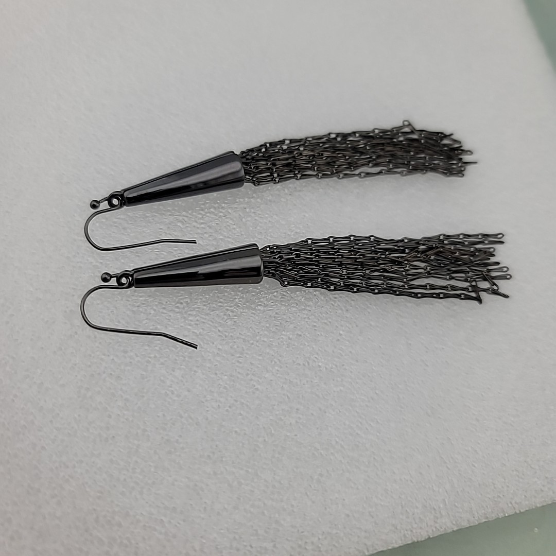 Gun Metal Grey Tassel Fringe Dangle Pierced Earrings