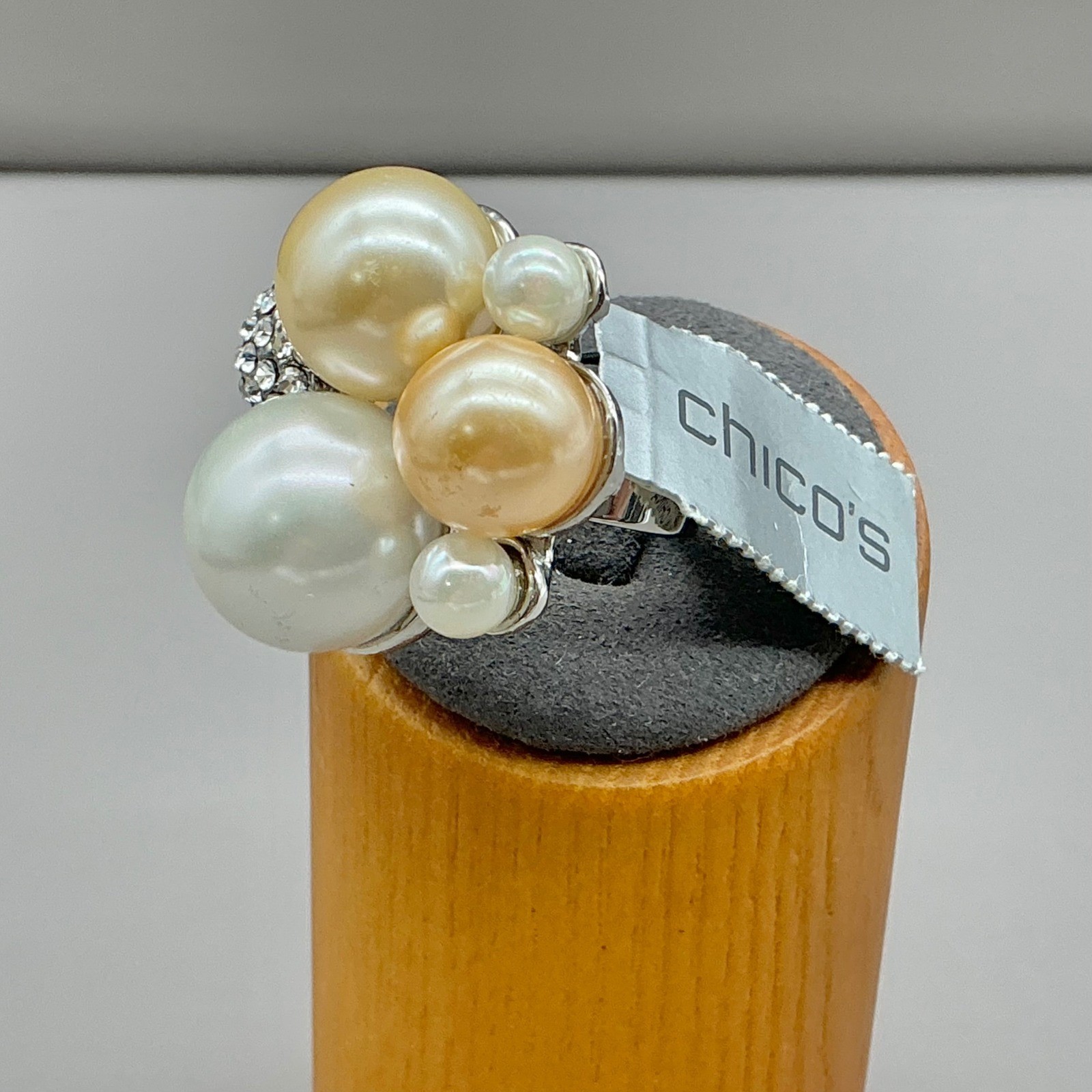 Chico’s Ring Womens Silver Gold Tone Faux Pearl Rhinestone Adjustable One Size